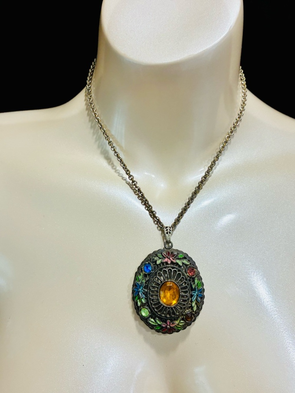 Vintage Oval Style Floral Pendant Necklace with Amber Center Whimsical Witchy
